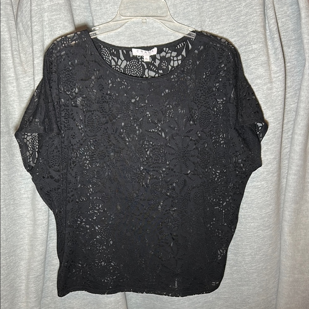 CHAUS Stretch Goth Festival Lace Open Weave Renaissance Top Cap Sleeves